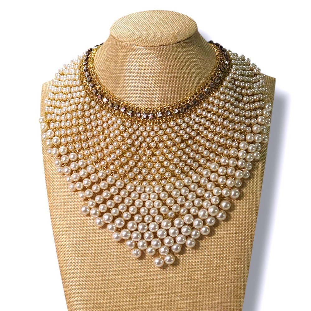 Vintage Faux Pearl Bib Necklace Rhinestone Collar Statement Bridal Formal OS